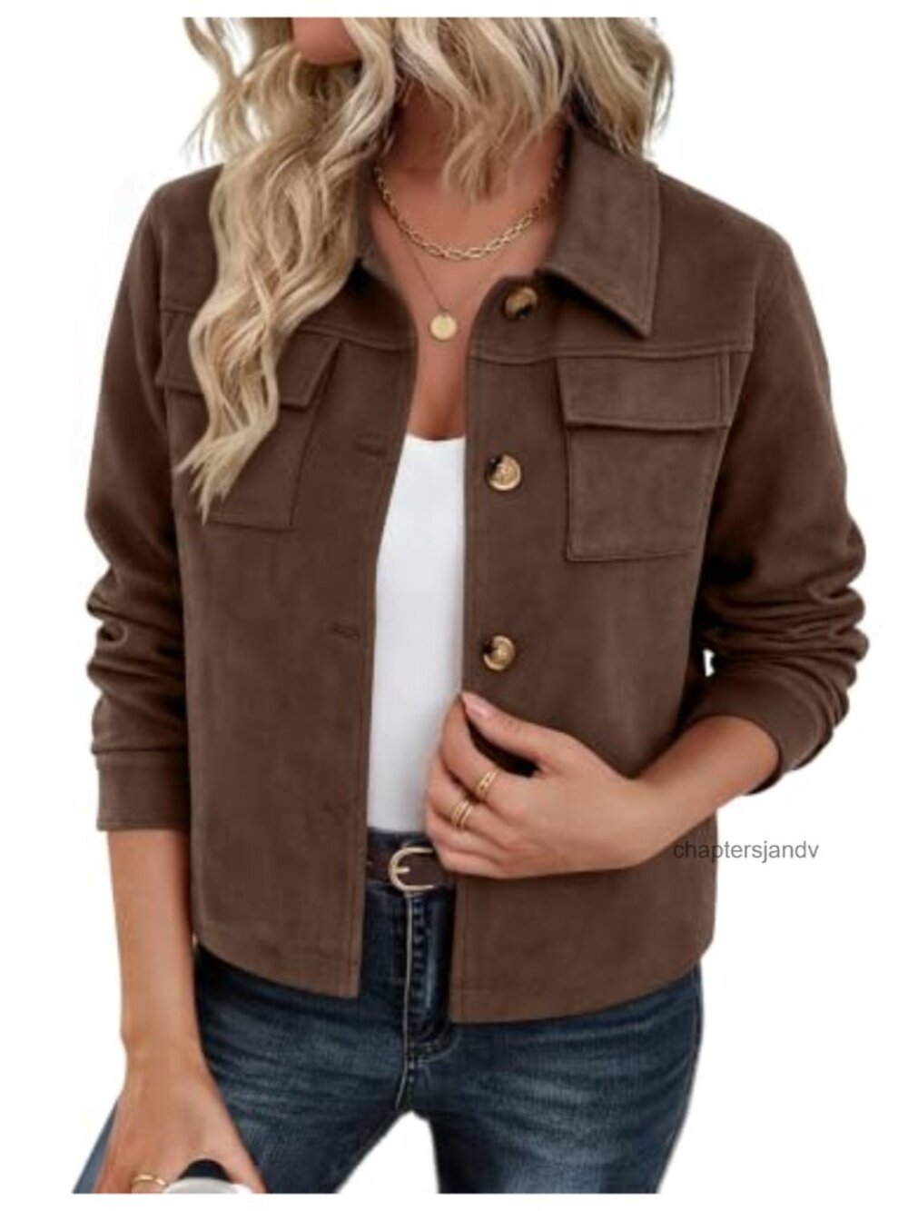 Faux Suede Cropped Button Down Shacket Long Sleeve Casual Jacket